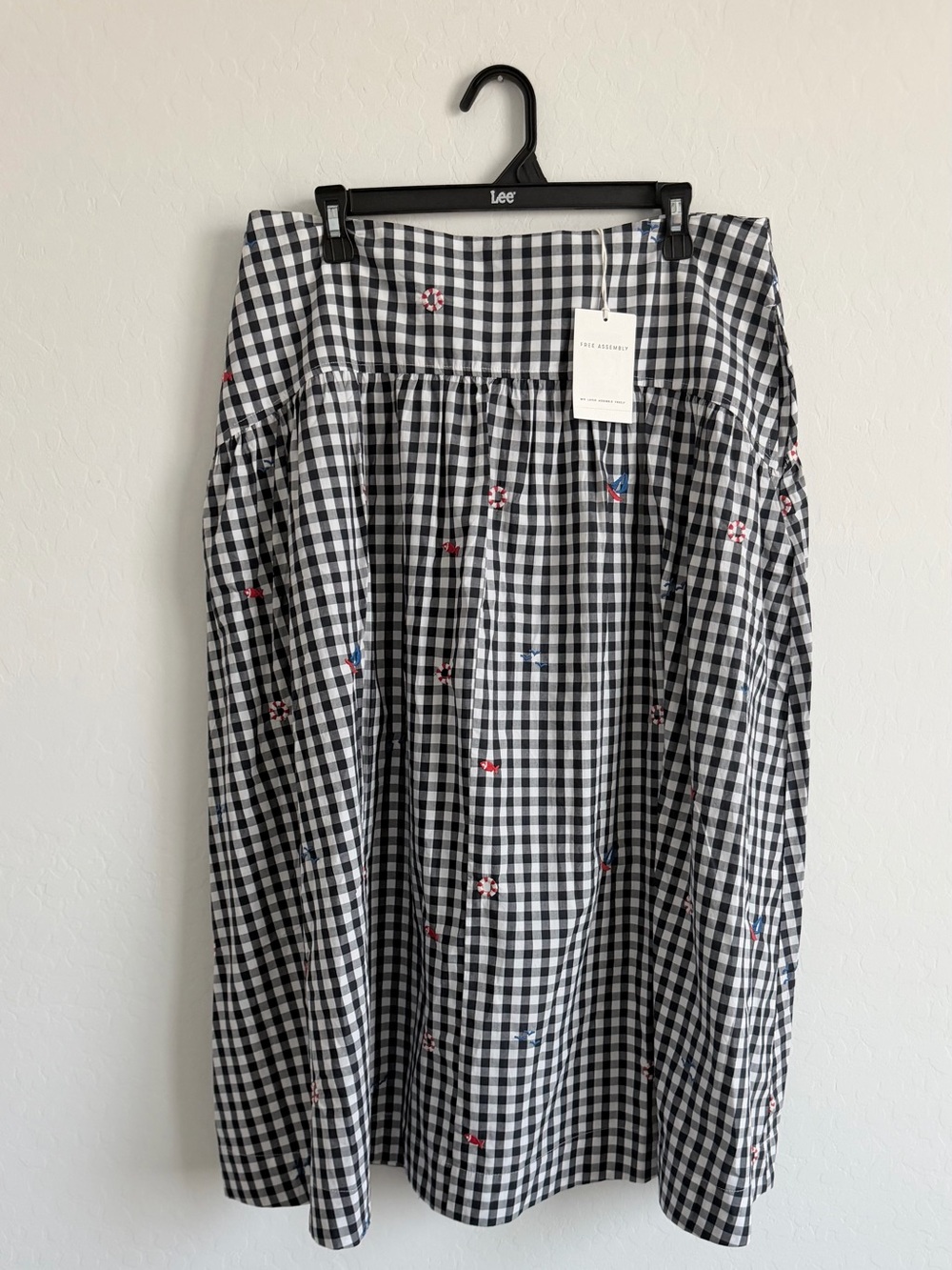 Gingham Midi Skirt with Star Embroidery in Black & White - Picture 3 of 8